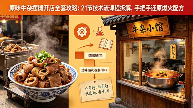 原味牛杂摆摊开店全套攻略:21节技术流课程拆解,手把手还原爆火配方-旺仔资源库
