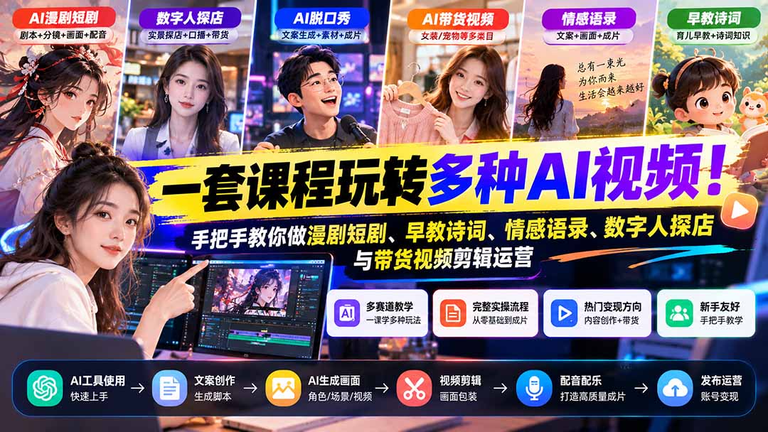 【无水印】一套课程玩转多种AI视频!手把手教你做漫剧短剧、早教诗词、情感语录、数字人探店与带货视频剪辑运营-旺仔资源库