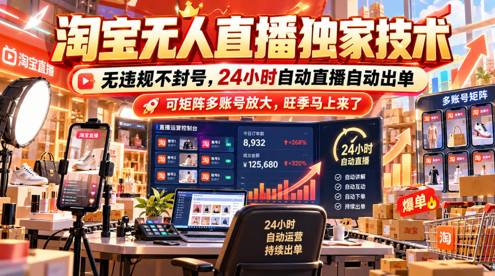 淘宝无人直播独家技术，无违规不封号，24小时自动直播自动出单，可矩阵多账号放大，旺季马上来了【揭秘】-旺仔资源库