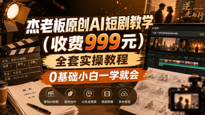 杰老板原创AI短剧教学(收费999元)，全套实操教程，0基础小白一学就会，非搬运技术-旺仔资源库