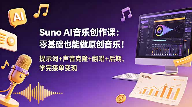Suno AI音乐创作课:零基础也能做原创音乐!提示词+声音克隆+翻唱+后期,学完接单变现-旺仔资源库
