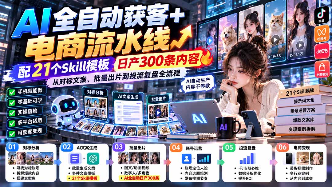 【无水印】AI全自动获客+电商流水线:配21个Skill模板,日产300条内容,从对标文案、批量出片到投流复盘全流程-旺仔资源库