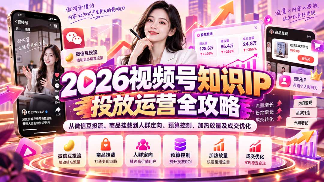 2026视频号知识IP投放运营全攻略:从微信豆投流、商品挂载到人群定向、预算控制、加热放量及成交优化-旺仔资源库