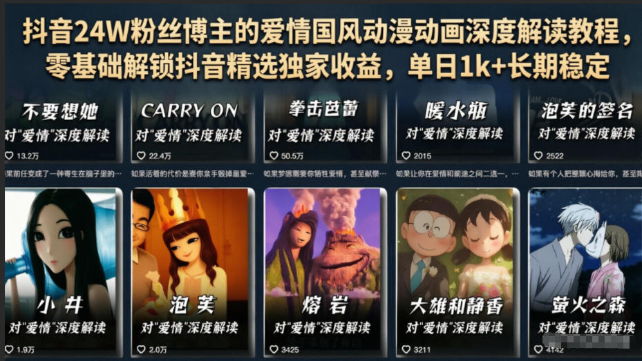 抖音24W粉丝博主的爱情国风动漫动画深度解读教程，零基础解锁抖音精选独家收益，单日1k+长期稳定-旺仔资源库