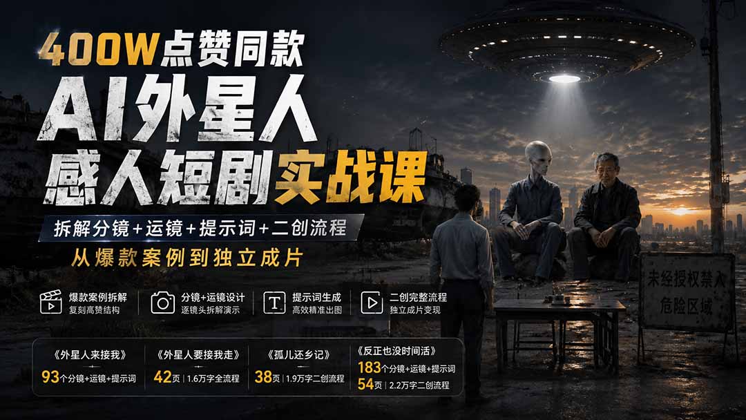 400W点赞同款AI外星人感人短剧实战课：拆解分镜+运镜+提示词+二创流程，从爆款案例到独立成片-旺仔资源库