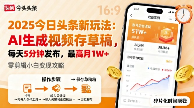 2025年今日头条躺賺新玩法，AI生成视频存草稿，每天5分钟发布，最高月1W+【揭秘】-旺仔资源库