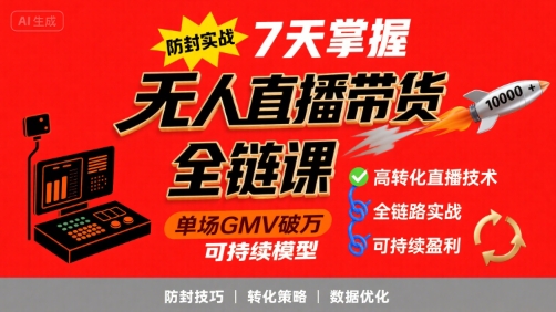 无人直播带货全链防封实战课，7天掌握高转化直播技术，实现单场GMV破万可持续模型-旺仔资源库