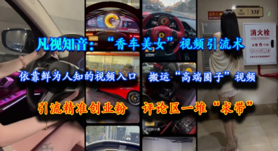 凡视知音：“香车美女”视频引流术，依靠鲜为人知的视频入口，搬运“高端圈子”视频，引流精准创业粉，评论区一堆“求带”-旺仔资源库