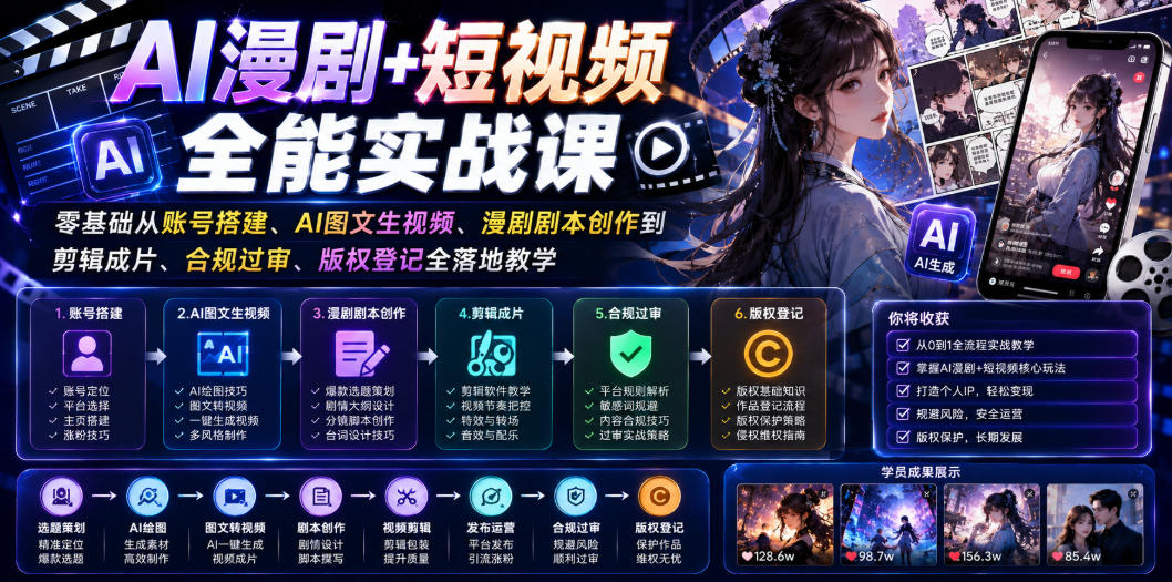 AI漫剧+短视频全能实战课｜零基础从账号搭建、AI图文生视频、漫剧剧本创作到剪辑成片、合规过审、版权登记全落地教学-旺仔资源库