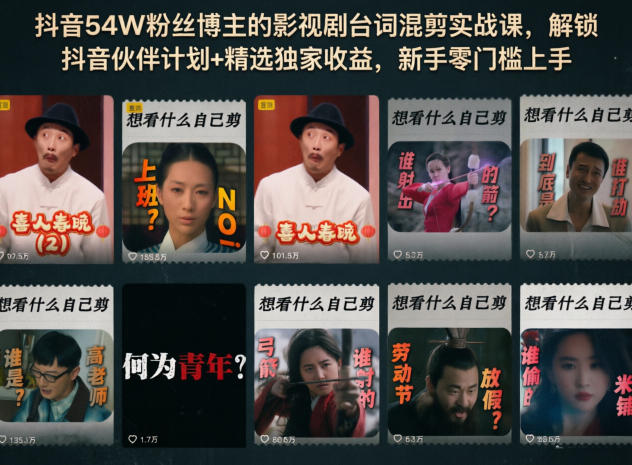 抖音54W粉丝博主的影视剧台词混剪实战课，解锁抖音伙伴计划+精选独家收益，新手零门槛上手-旺仔资源库