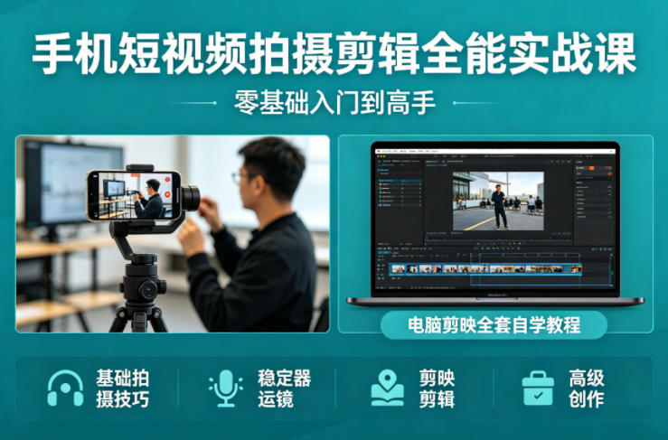 手机短视频拍摄剪辑全能实战课:零基础入门到高手,稳定器运镜+电脑剪映全套自学教程-旺仔资源库