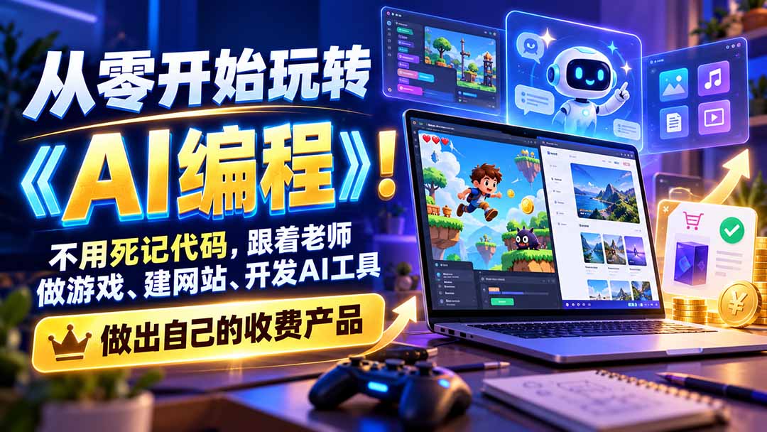 从零开始玩转《AI编程》!不用死记代码,跟着老师做游戏、建网站、开发AI工具,最后完成自己的收费产品-旺仔资源库