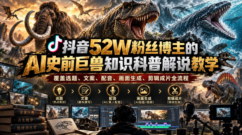 抖音52W粉丝博主的AI史前巨兽知识科普解说教学，覆盖选题、文案、配音、画面生成、剪辑成片全流程-旺仔资源库