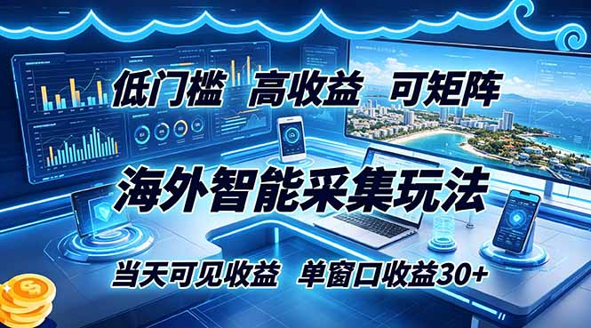 海外智能采集玩法，低门槛高单价可矩阵，当天可见收益，单窗口30+-旺仔资源库