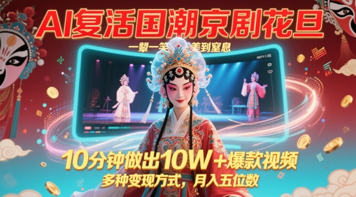 AI复活国潮京剧花旦，一颦一笑美到窒息，10分钟做出10W+爆款视频，多种变现方式，月入五位数-旺仔资源库