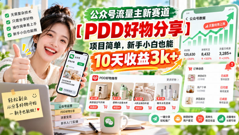 公众号流量主新赛道【PDD好物分享】,项目简单,新手小白也能10天收益3k+-旺仔资源库