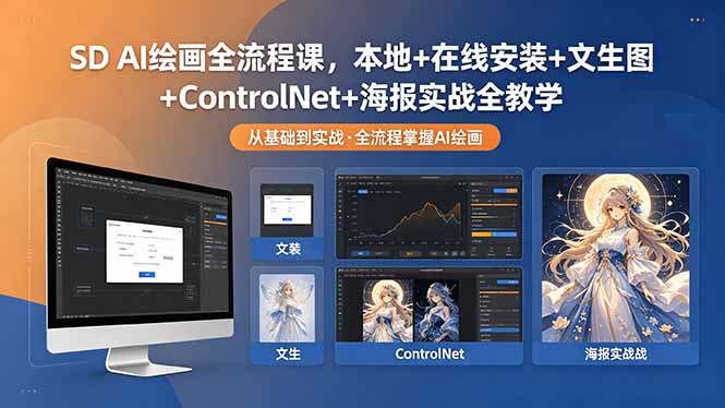 SD AI绘画全流程课,本地+在线安装+文生图+ControlNet+海报实战全教学-旺仔资源库