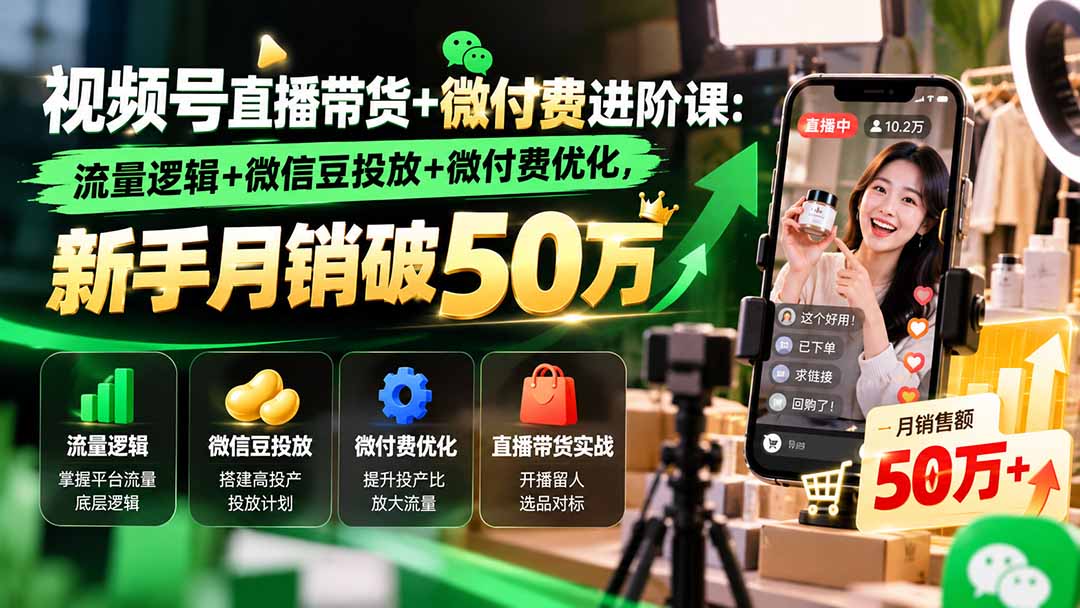 视频号直播带货+微付费进阶课-更新1010:流量逻辑+微信豆投放+微付费优化,新手月销破50万-旺仔资源库