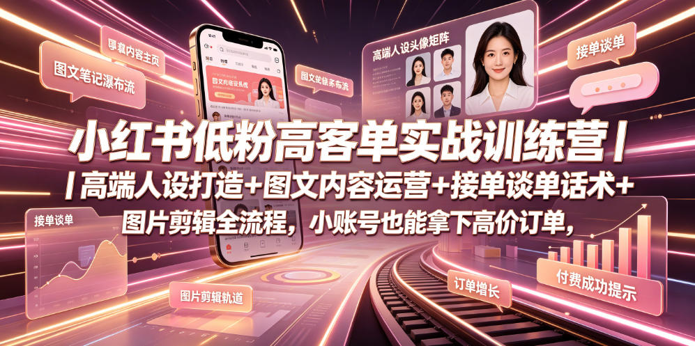 小红书低粉高客单实战训练营｜高端人设打造+图文内容运营+接单谈单话术+图片剪辑全流程，小账号也能拿下高价订单-旺仔资源库