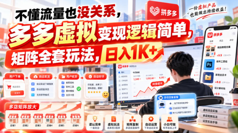 不懂流量也没关系，多多虚拟变现逻辑简单，矩阵全套玩法，日入1K+【揭秘】-旺仔资源库
