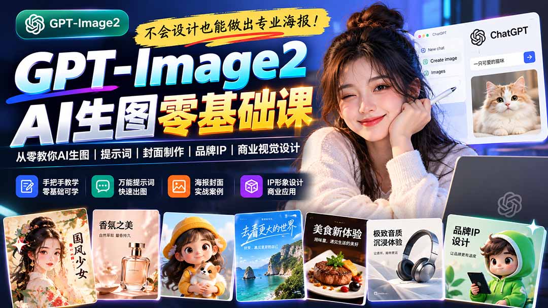 不会设计也能做出专业海报!GPT-Image2从零教你AI生图、提示词、封面制作、品牌IP与商业视觉设计-旺仔资源库