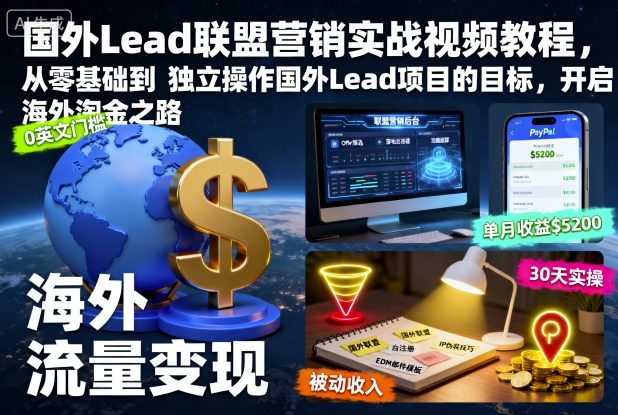 国外Lead联盟营销实战视频教程,从零基础到独立操作国外Lead项目的目标,开启海外淘金之路-旺仔资源库