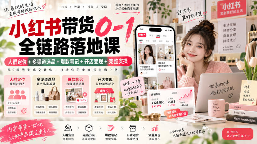 小红书带货0-1全链路落地课｜人群定位+多渠道选品+爆款笔记+开店变现完整实操-旺仔资源库