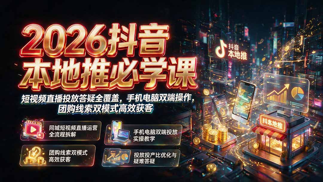 2026抖音本地推必学课|短视频直播投放答疑全覆盖,手机电脑双端操作,团购线索双模式高效获客-旺仔资源库