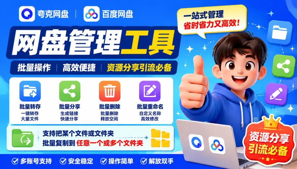 夸克网盘批量文件重命名,批量转存、批量分享、批量复制,内置AI功能-旺仔资源库