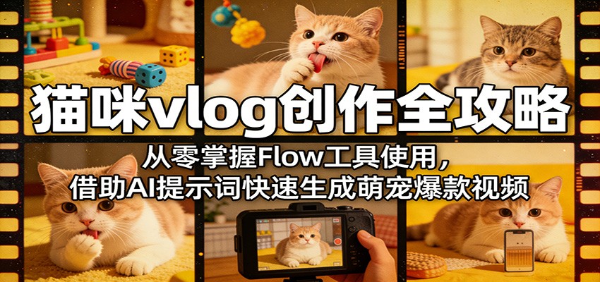 猫咪vlog创作全攻略：从零掌握Flow工具使用，借助AI提示词快速生成萌宠爆款视频-旺仔资源库