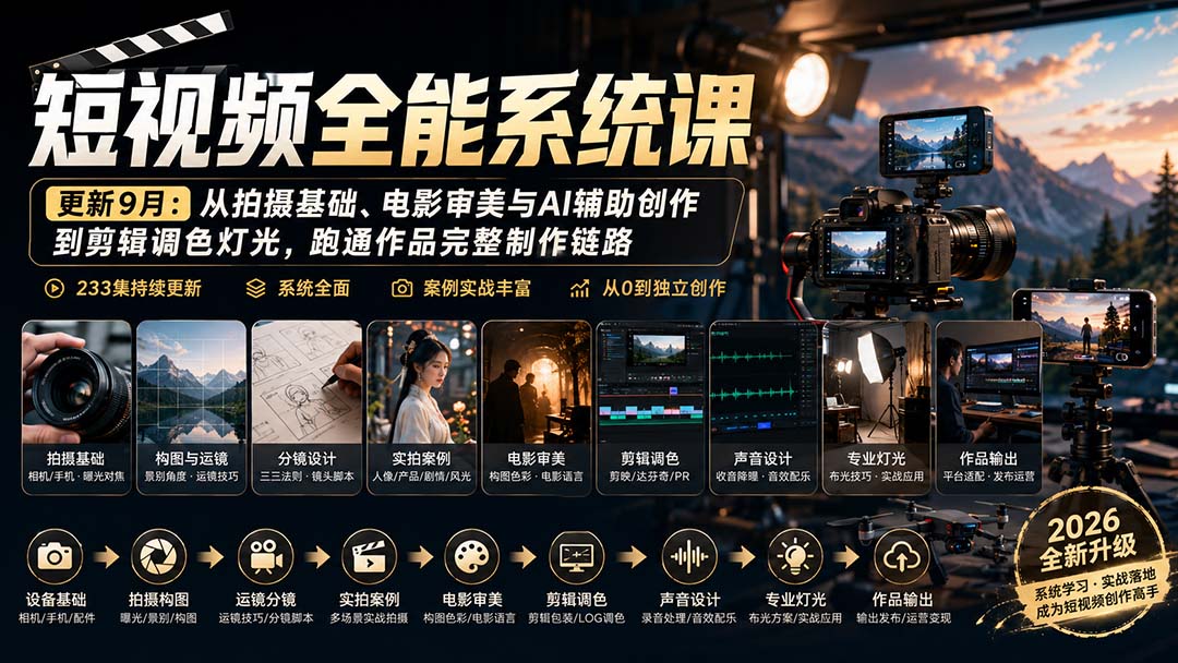 短视频全能系统课-更新8月233集：从拍摄基础、电影审美与AI辅助创作到剪辑调色灯光，跑通作品完整制作链路-旺仔资源库
