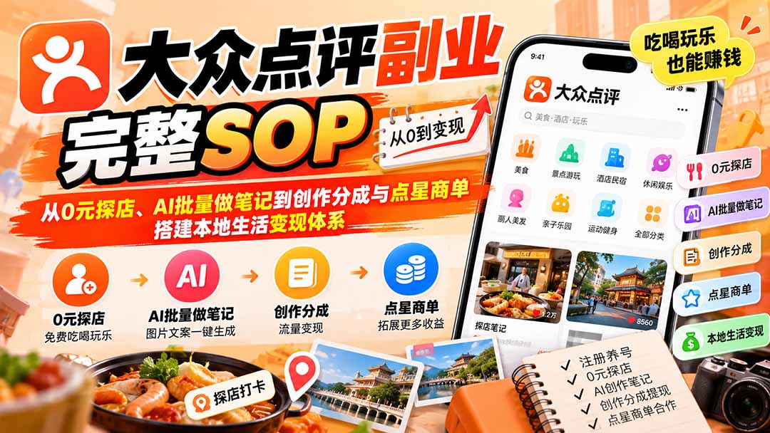 【无水印】大众点评副业完整SOP：从0元探店、AI批量做笔记到创作分成与点星商单，搭建本地生活变现体系-旺仔资源库