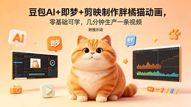 豆包AI+即梦+剪映制作胖橘猫动画，零基础可学，几分钟生产一条视频，附提示词-旺仔资源库