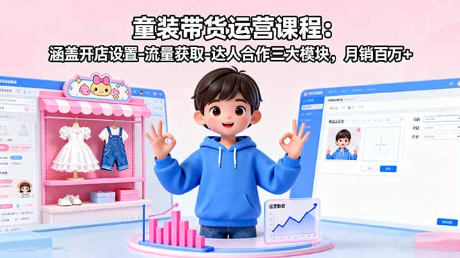 童装带货运营课程：涵盖开店设置-流量获取-达人合作三大模块，月销百万+-旺仔资源库
