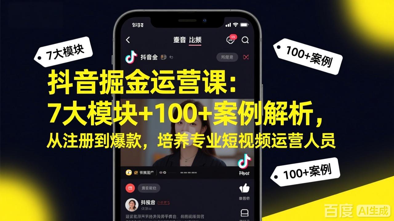 抖音掘金运营课：7大模块+100+案例解析，从注册到爆款，培养专业短视频运营人员-旺仔资源库