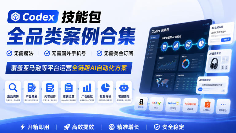 Codex技能包全品类案例合集,无需魔法、无需国外手机号、无需美金订阅,覆盖亚马逊等平台运营全链路AI自动化方案-旺仔资源库