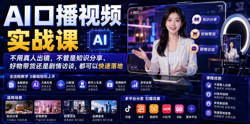 AI口播视频实战课，不用真人出镜，不管是知识分享、好物带货还是剧情访谈，都可以快速落地-旺仔资源库