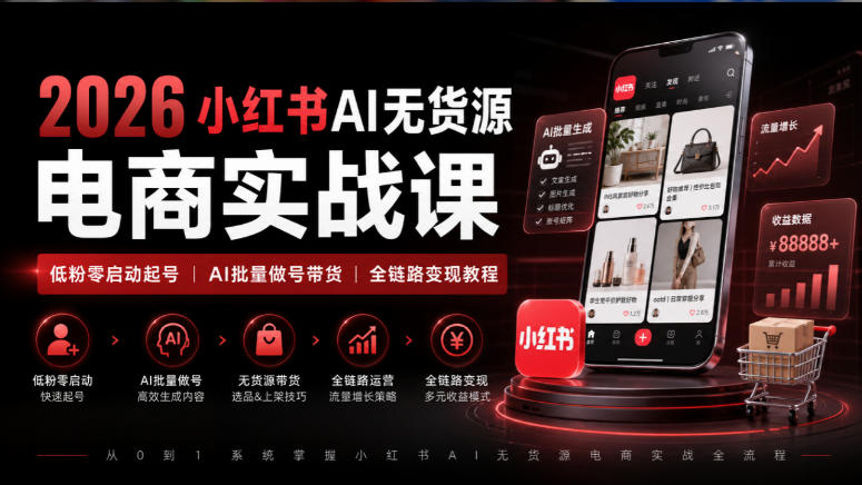 2026小红书AI无货源电商实战课|低粉零启动起号|AI批量做号带货全链路变现教程-旺仔资源库