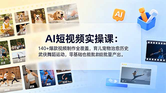 AI短视频实操课:140+爆款视频制作全覆盖,育儿宠物治愈历史武侠舞蹈运动,零基础也能批量产出-旺仔资源库
