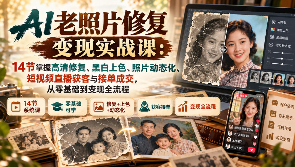 AI老照片修复变现实战课：14节掌握高清修复、黑白上色、照片动态化、短视频直播获客与接单成交，从零基础到变现全流程-旺仔资源库