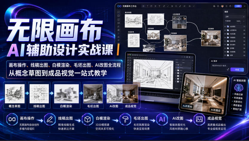 无限画布AI辅助设计实战课｜画布操作、线稿出图、白模渲染、毛坯出图、AI改图全流程，从概念草图到成品视觉一站式教学(更新0923)-旺仔资源库