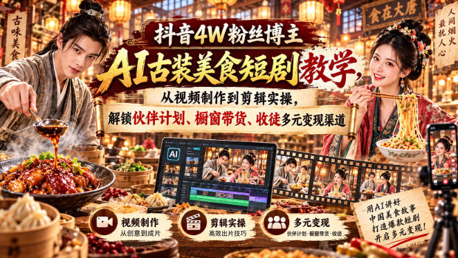 抖音4W粉丝博主AI古装美食短剧教学,从视频制作到剪辑实操,解锁伙伴计划、橱窗带货、收徒多元变现渠道-旺仔资源库