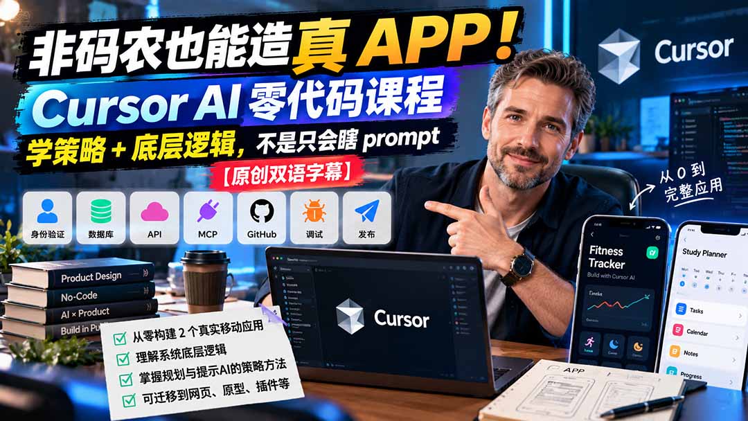 非码农也能造真 APP！Cursor AI 零代码课程：学策略 + 底层逻辑，不是只会瞎 prompt【原创双语字幕】-旺仔资源库