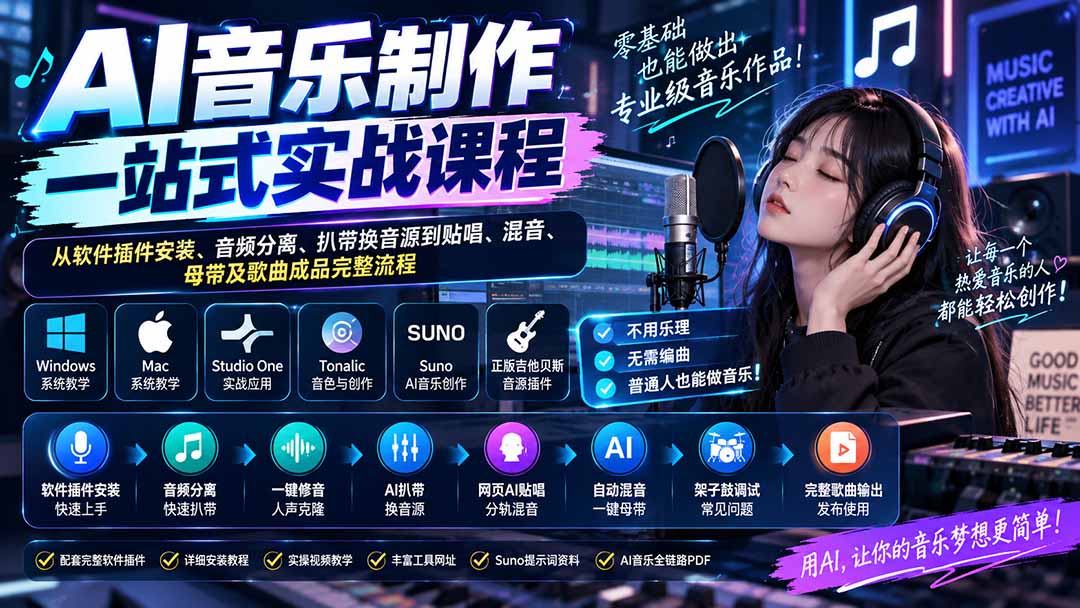 AI音乐制作一站式实战课程:从软件插件安装、音频分离、扒带换音源到贴唱、混音、母带及歌曲成品完整流程-旺仔资源库