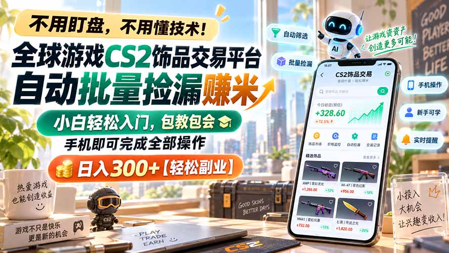 全球游戏CS2饰品交易平台自动批量捡漏赚米，小白轻松入门，包教包会，手机即可完成全部操作，日入300+【轻松副业】-旺仔资源库