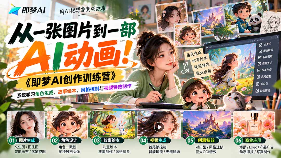 【无水印】从一张图片到一部AI动画!《即梦AI创作训练营》系统学习角色生成、故事绘本、风格控制与视频特效制作-旺仔资源库