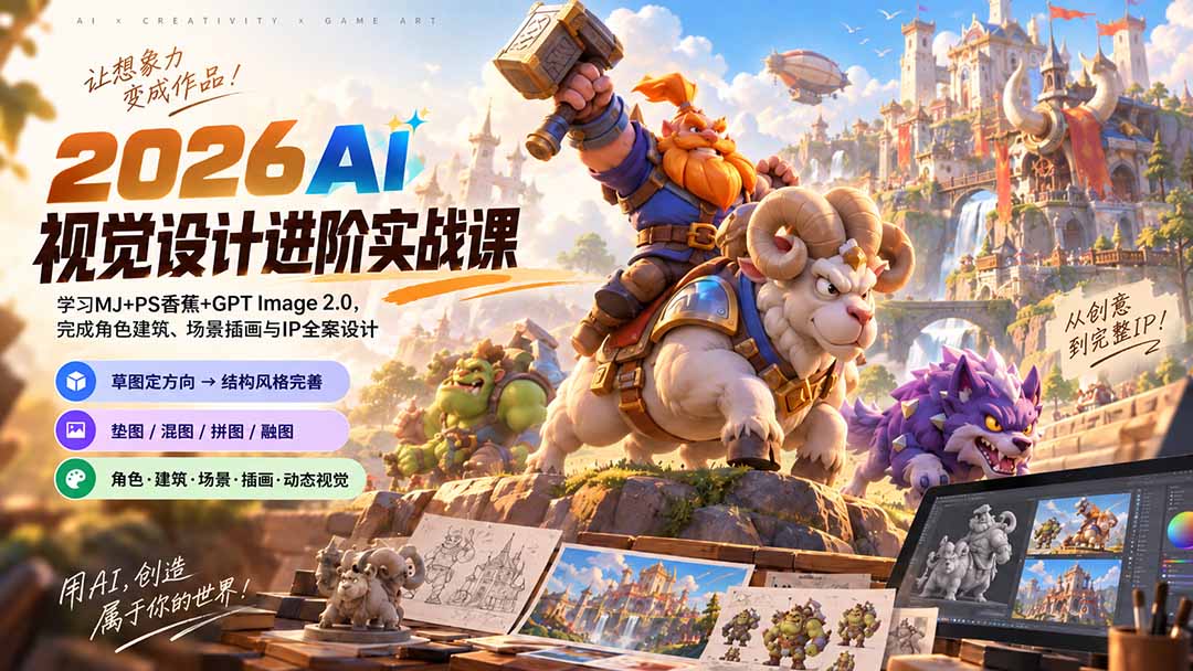 2026AI视觉设计进阶实战课-更新:学习MJ+PS香蕉+GPT Image 2.0,完成角色建筑、场景插画与IP全案设计-旺仔资源库