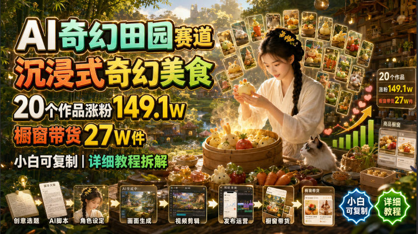 AI奇幻田园赛道，沉浸式奇幻美食，20个作品涨粉149.1W，橱窗带货27W件，小白可复制，详细教程拆解-旺仔资源库