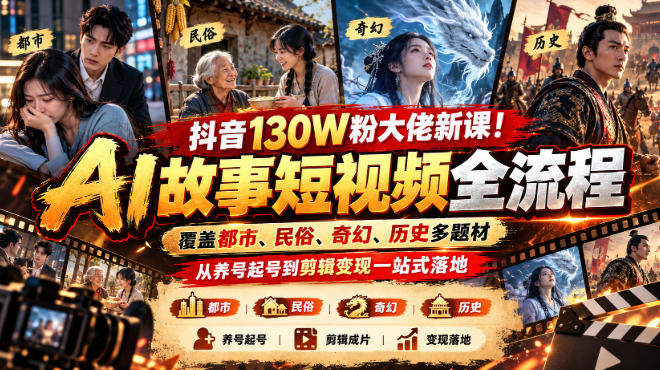 抖音130W粉大佬新课!AI故事短视频全流程,覆盖都市、民俗、奇幻、历史多题材,从养号起号到剪辑变现一站式落地-旺仔资源库