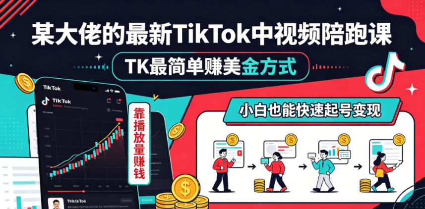 某大佬的最新TikTok中视频陪跑课，TK最简单賺美金方式，靠播放量賺钱，小白也能快速起号变现-旺仔资源库